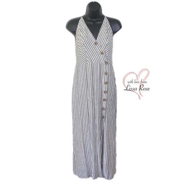 Amber Side-slit Button-Down Striped Linen Smocked Midi Dress (Urban Outfitters) - Picture 1 of 3